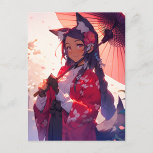 Carte Postale Anime Kitsune Girl Cute Fox Imaginaire Art