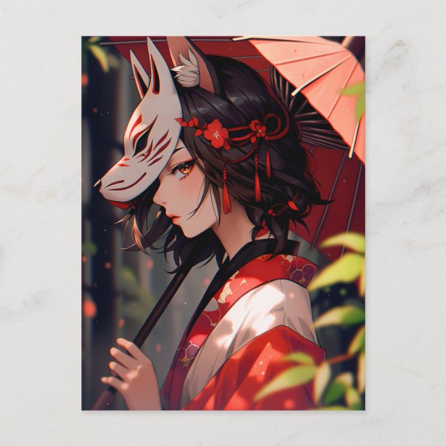 Carte Postale Anime Kitsune Girl Cute Fox Imaginaire Art (Devant)