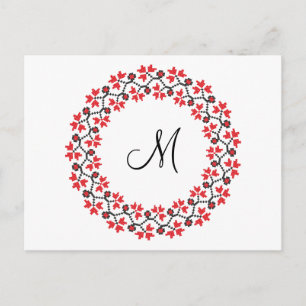 Carte Postale Anneau de fleur rouge Monogramme personnalisé init