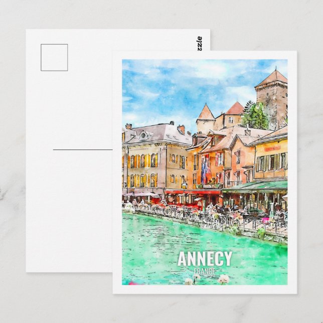 Carte Postale Annecy France Travel Place Aquarelle (Devant / Derrière)