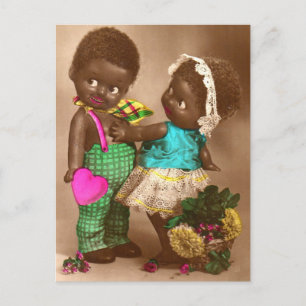 Carte Postale Années 1920 RPPC adorable poupées noires en amour