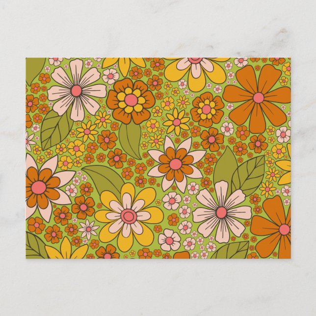 Carte Postale Années 1960, 1970 Vert & Orange Retro Floral (Devant)