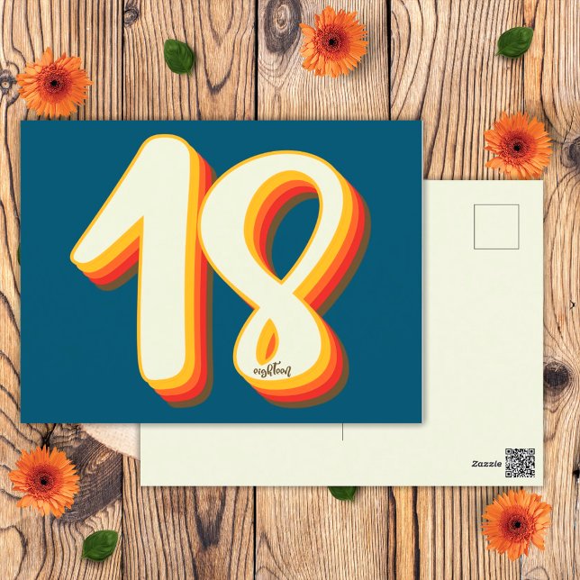 Carte Postale Anniversaire 18 ans Blue Moderne Rétro Groovy (Front and Back)