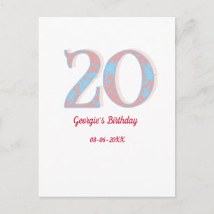 CARTE POSTALE ANNIVERSAIRE 20 ANS ABRICOT BLEU GRAS RÉTRO NOM ÉL
