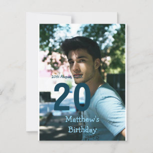 Carte Postale anniversaire 20 ans nom photo date homme bleu blan