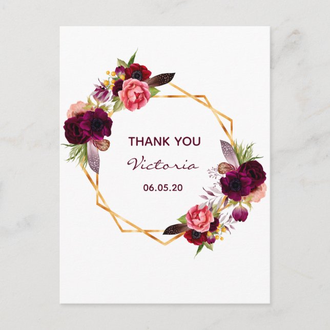 Carte Postale Anniversaire blanc bordeaux or floral merci (Devant)