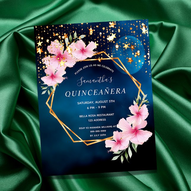 Carte Postale Anniversaire bleu ciel lune étoiles rose florales (Créateur téléchargé)