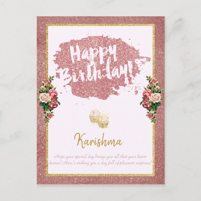 Carte Postale anniversaire Changement de nom personnel Rose or C (Devant)