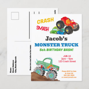 Carte Postale Anniversaire de camion monstre Crash Smash aquarel