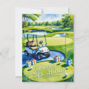 Carte Postale Anniversaire de golf avec voiturette de golf pour