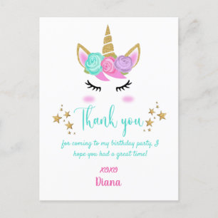 Carte Postale Anniversaire de la fille Unicorn thème Merci