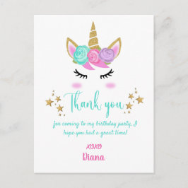 Carte Postale Anniversaire de la fille Unicorn thème Merci