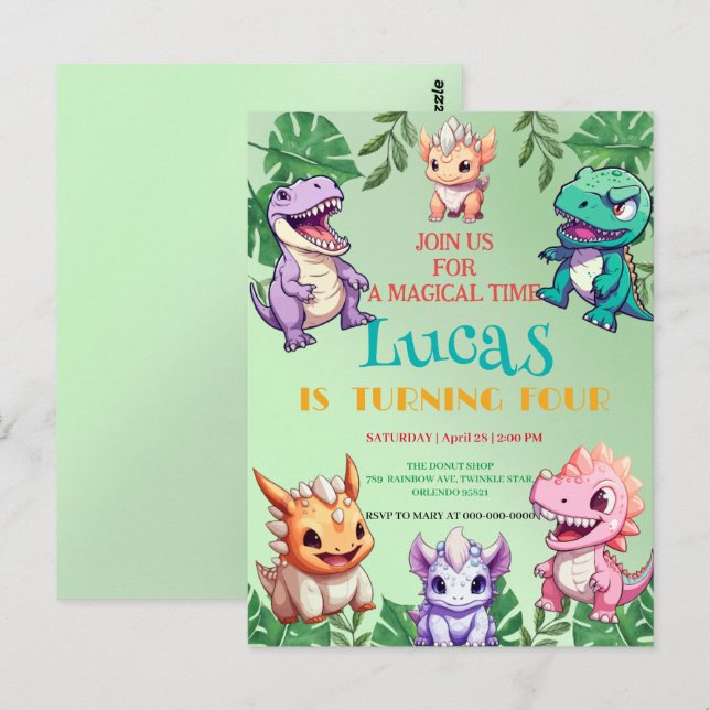 Carte Postale Anniversaire de l'école de la jungle des dinosaure (Devant / Derrière)