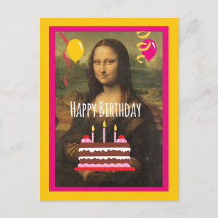Carte Postale Anniversaire de Mona Lisa avec gâteau et ballons