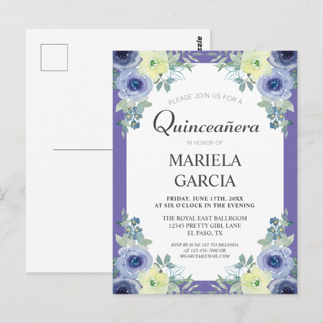 Carte Postale Anniversaire de Quinceañera, une jolie florale jau (Devant / Derrière)