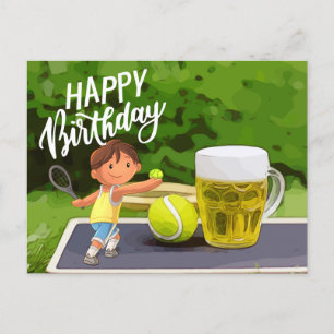 Carte Postale Anniversaire de Tennis avec Bière et raquette de b
