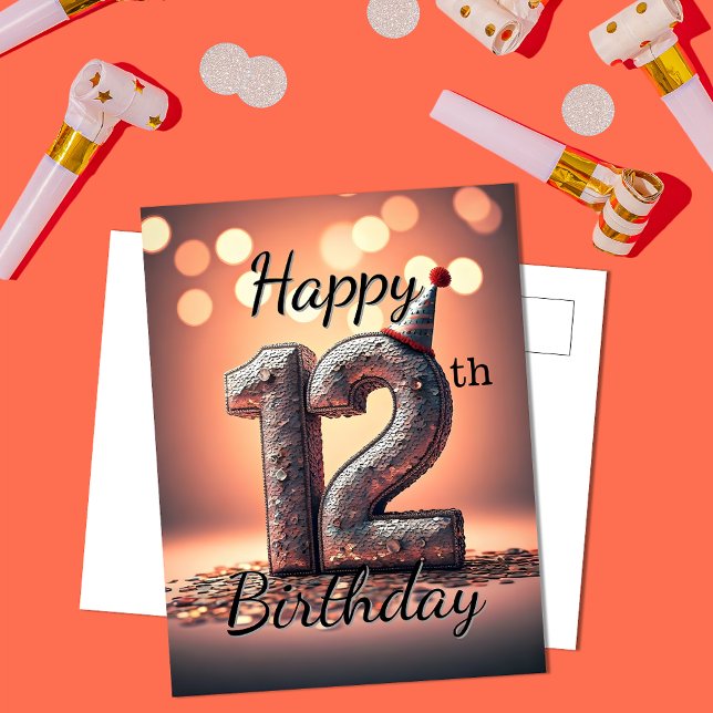 Carte Postale Anniversaire des 12 ans étincelant avec chapeau de (Créateur téléchargé)
