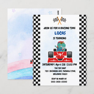 Carte Postale Anniversaire Dinosaur voiture de course garçon cou