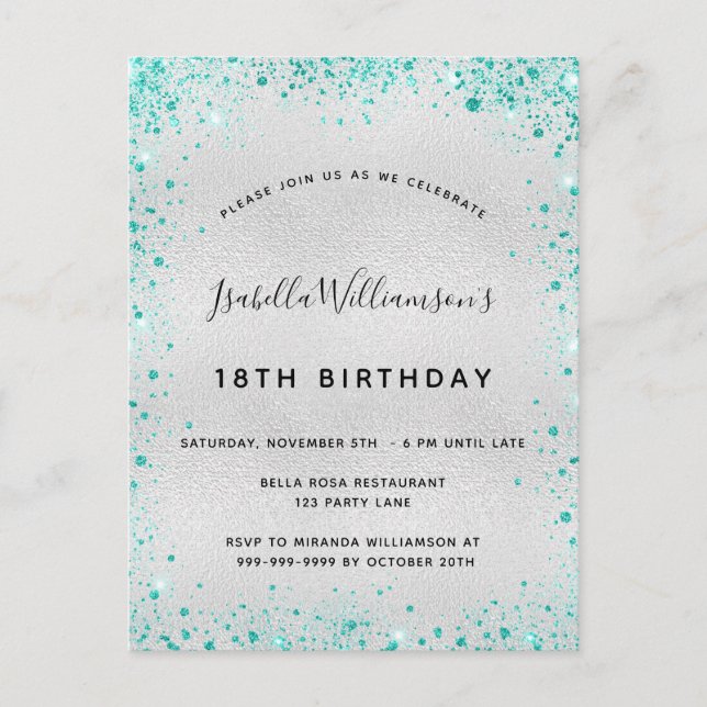 Carte Postale Anniversaire fête argent turquoise parties scintil (Devant)