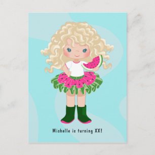 Carte Postale Anniversaire Fille Américaine Blonde Tutu Pastèque