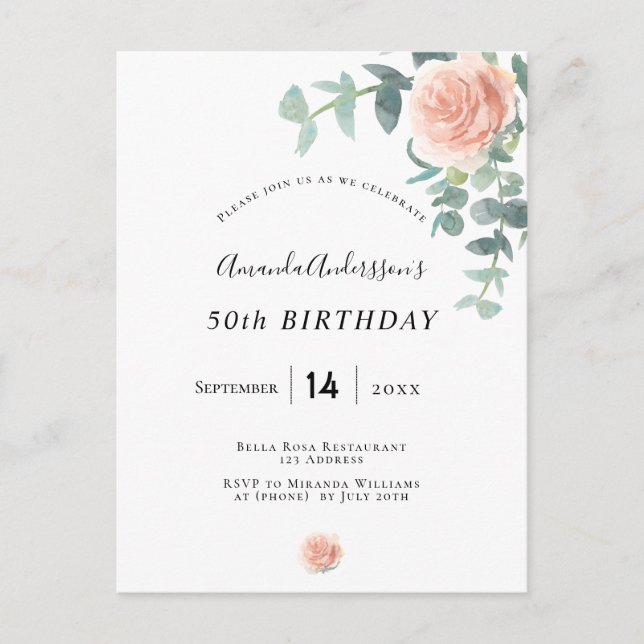 Carte Postale Anniversaire fleurie rose or blanc verdure élégant (Devant)