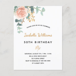 Carte Postale Anniversaire floral rose or eucalyptus élégant