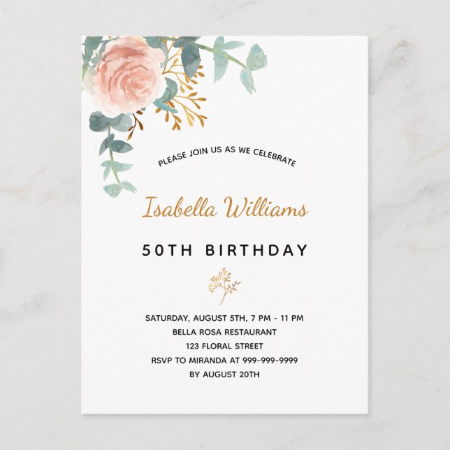 Carte Postale Anniversaire floral rose or eucalyptus élégant (Devant)