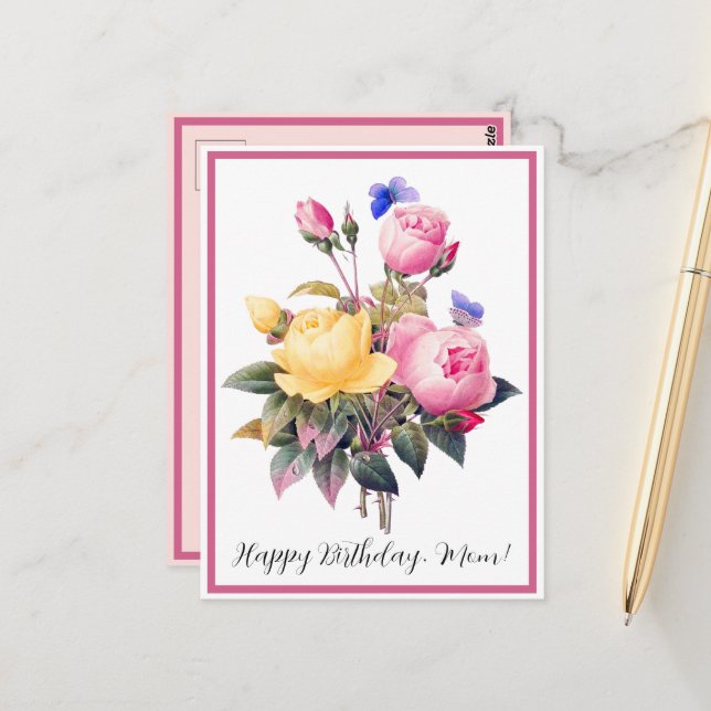 Carte Postale Anniversaire Floral rose Roses Jaunes Violet Papil (Devant/Arrière en situation)