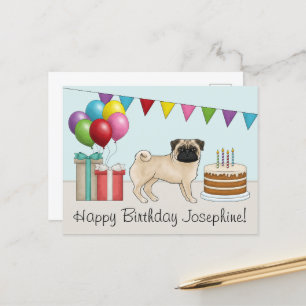 Carte Postale Anniversaire joyeux Pug Fauve Mignon Dessin Animé