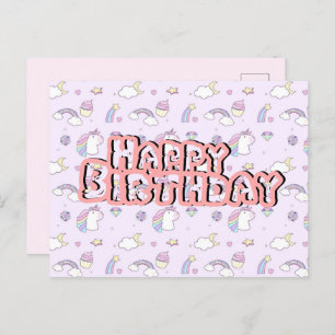 Carte postale Anniversaire mignonne licorne rose