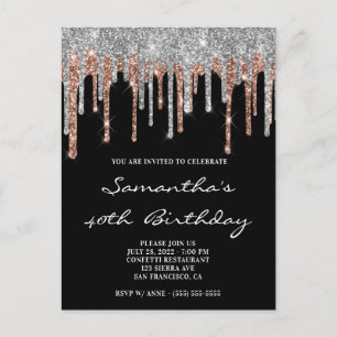 Carte Postale Anniversaire Noir Paillettes Argent et Or Rose