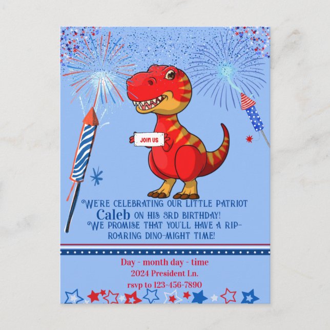 Carte Postale Anniversaire patriotique de dinosaure, (Devant)