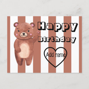 Carte Postale Anniversaire personnalisé de rayures d'ours mignon