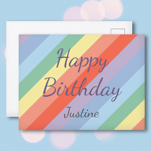 Carte Postale Anniversaire Rayures Diagonales Arc-en-ciel Pastel