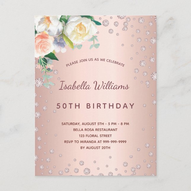 Carte Postale Anniversaire rose or diamants rose floraux (Devant)