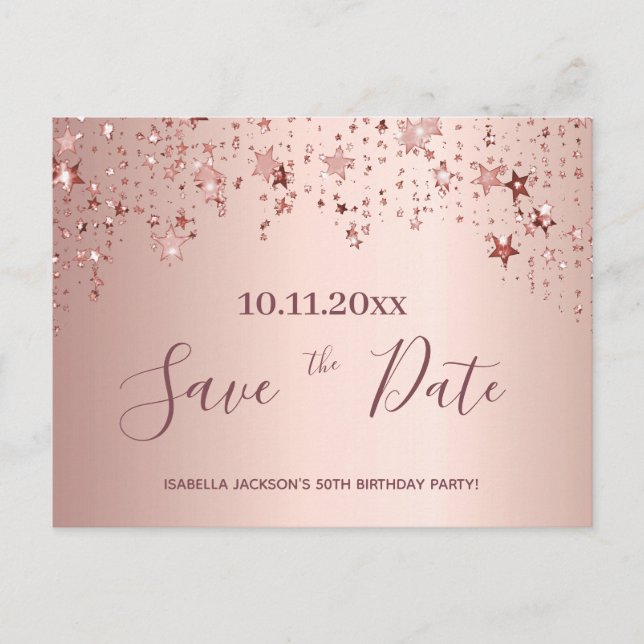 Carte Postale Anniversaire rose or étoiles enregistrer la date (Devant)