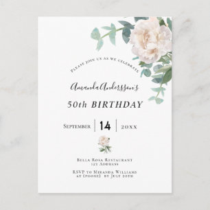 Carte Postale Anniversaire rose or floral blanchir élégance