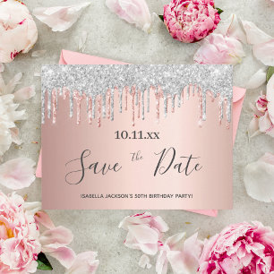 Carte Postale Anniversaire rose or parties scintillant argent en