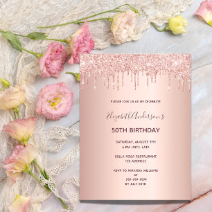 Carte Postale Anniversaire rose or parties scintillant gouttes i