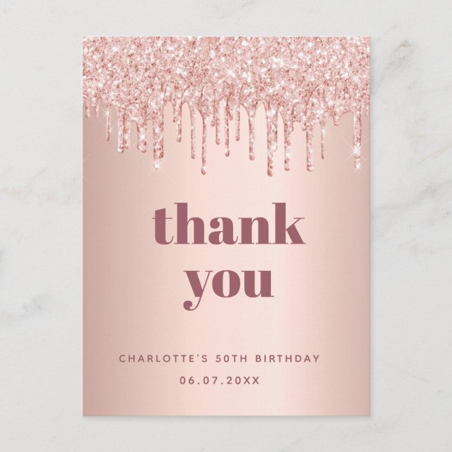 Carte Postale Anniversaire rose or parties scintillant merci (Devant)