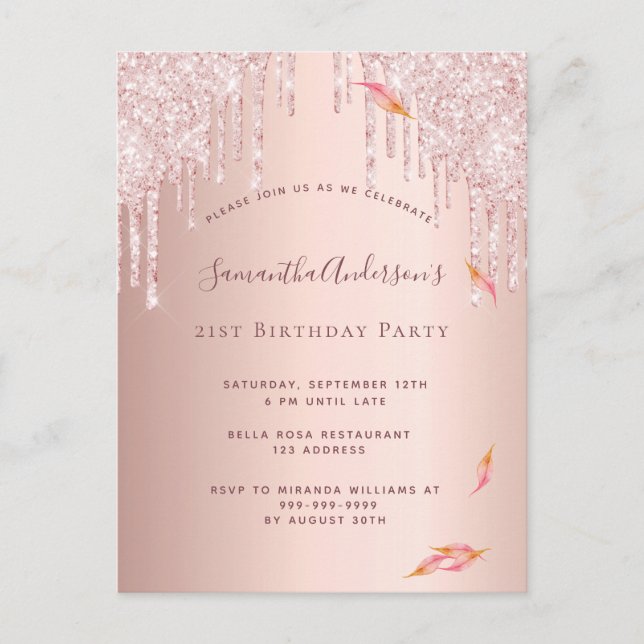 Carte Postale Anniversaire rose or parties scintillant rose invi (Devant)