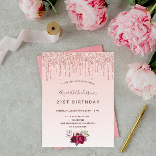 Carte Postale Anniversaire rose or parties scintillant rose rous