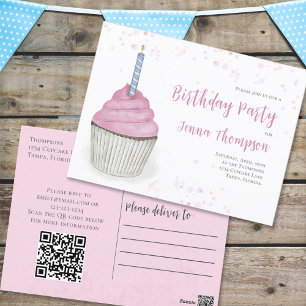 Carte Postale Anniversaire rose Whimsical mignon Cupcake QR Code