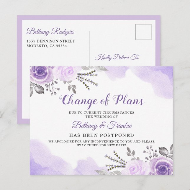 Carte Postale Annonce de Changement de Plans Chic Floral Violet (Devant / Derrière)