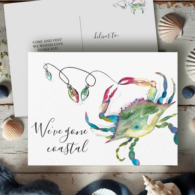 Carte Postale Annonce de déménagement à la plage (beach moving postcards watercolor blue crab with Christmas lights art by Victoria Grigaliunas)