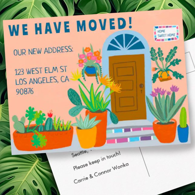 Carte Postale Annonce de déménagement Adresse Porte d'entrée col (Colorful fun front door with plants address change moving announcement postcard - customize it!)