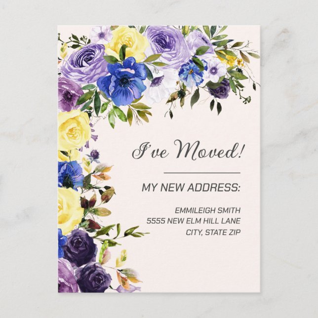 Carte Postale Annonce de déménagement Violet Jaune Floral (Devant)