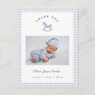 Carte Postale Annonce de naissance Gingham Garçon Cheval à bascu