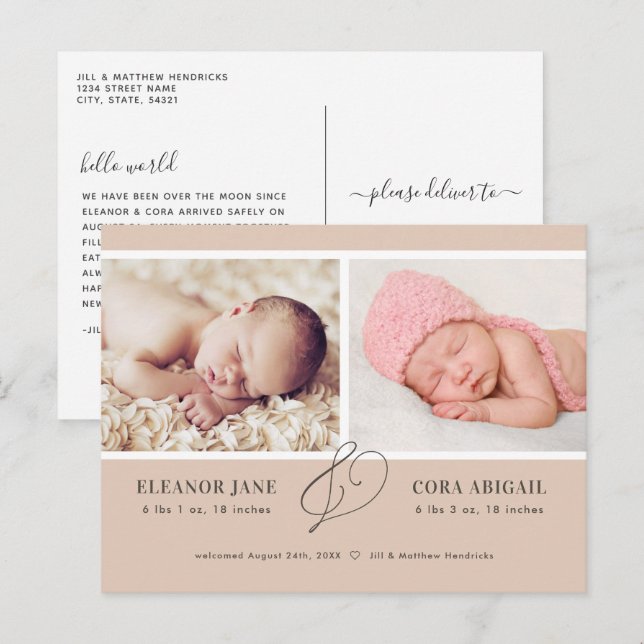 Carte Postale Annonce de naissance jumeaux moderne en terre cuit (Devant / Derrière)