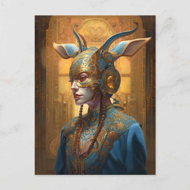 Carte Postale Antelope Masque Imaginaire en tête Bleu Or (Devant)
